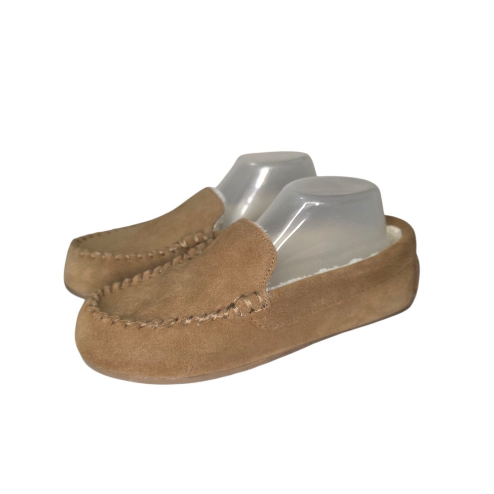 Lands' End Suede Moccasin Slippers Tan Shearling Lined Women's 8 EU39 Comfort